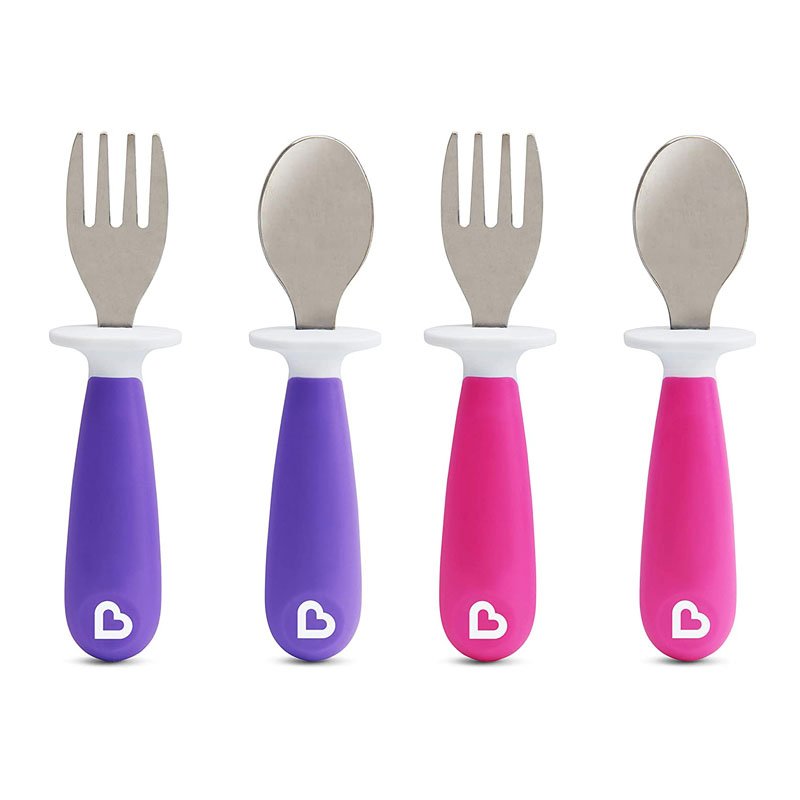 Munchkin Raise 4 Count Toddler Fork and Spoon, Pink/Purple, 12+