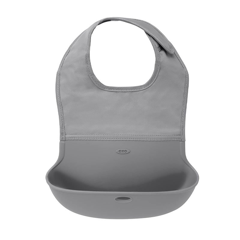 OXO Tot Waterproof Silicone Roll Up Bib with Comfort-Fit Fabric Neck, Gray