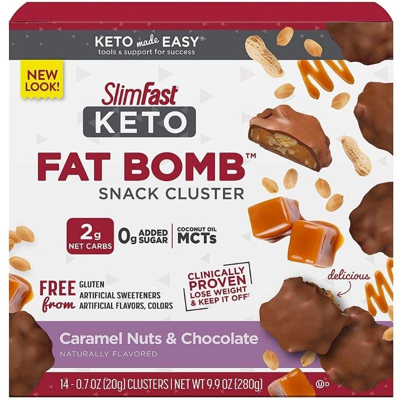 SlimFast Keto Fat Bomb Snacks – Chocolate Caramel Nut Clusters – 20g – 14 Count Box – Pantry Friendly